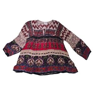 Gypsy Rose Womens S Boho Paisley  Tie Neck Top Balloon Sleeve Flowy Folksy Boho